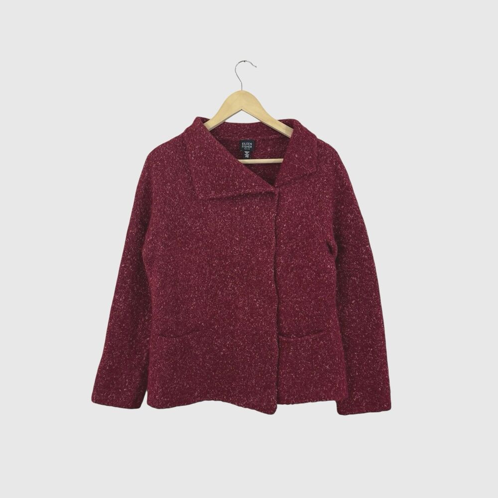 Eileen Fisher Petite Medium PM Wool Silk Sweater Cardigan Red Fuzzy Womens READ